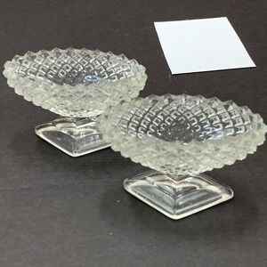 Set of 2 Vintage Pressed Glass Diamond‎ Cut Open Salt Cellar Dishes